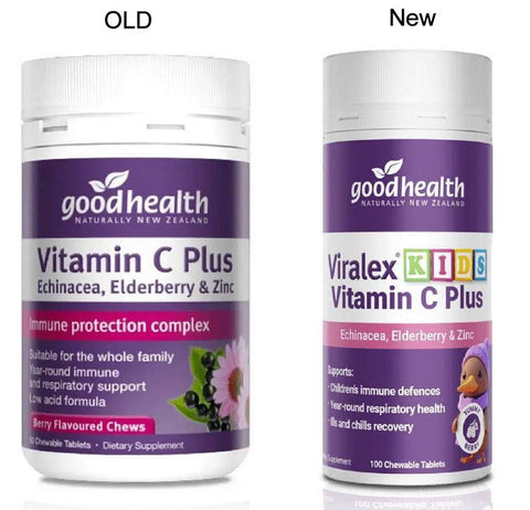 Good Health Viralex® Kids Vitamin C Plus 100 Chewable Tablets - New Zealand Only = previously called Vitamin C Plus Echinacea, Elderberry and Zinc Tablets 150