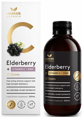 Harker Herbals Elderberry + Vitamin C + Zinc Liquid 200ml - New Zealand Only